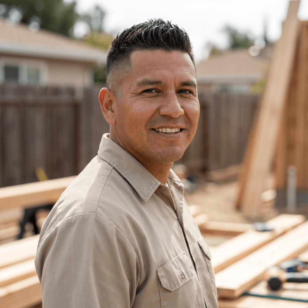 Homeowner smiling in front of a newly built extension