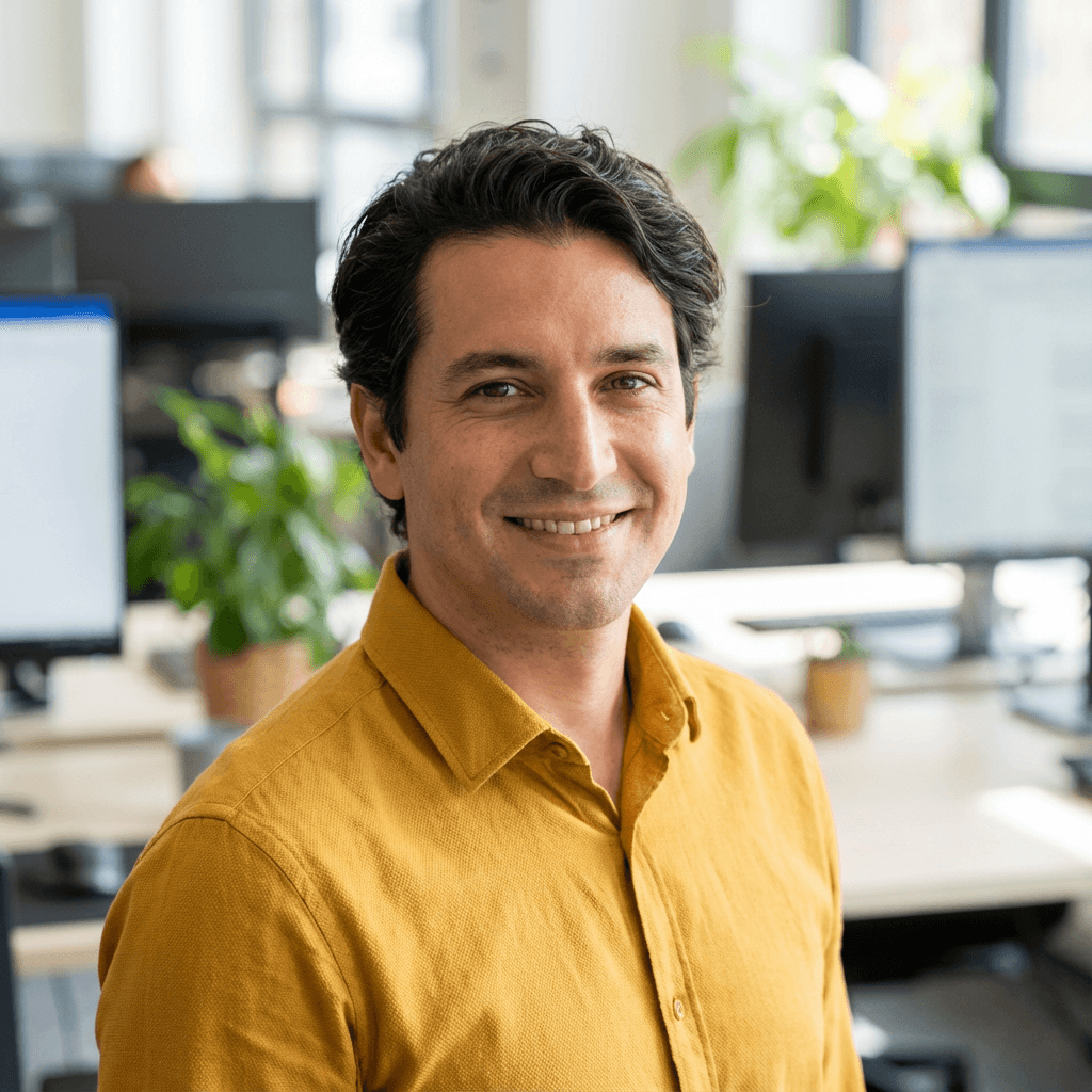 Operations manager in business casual attire in an office