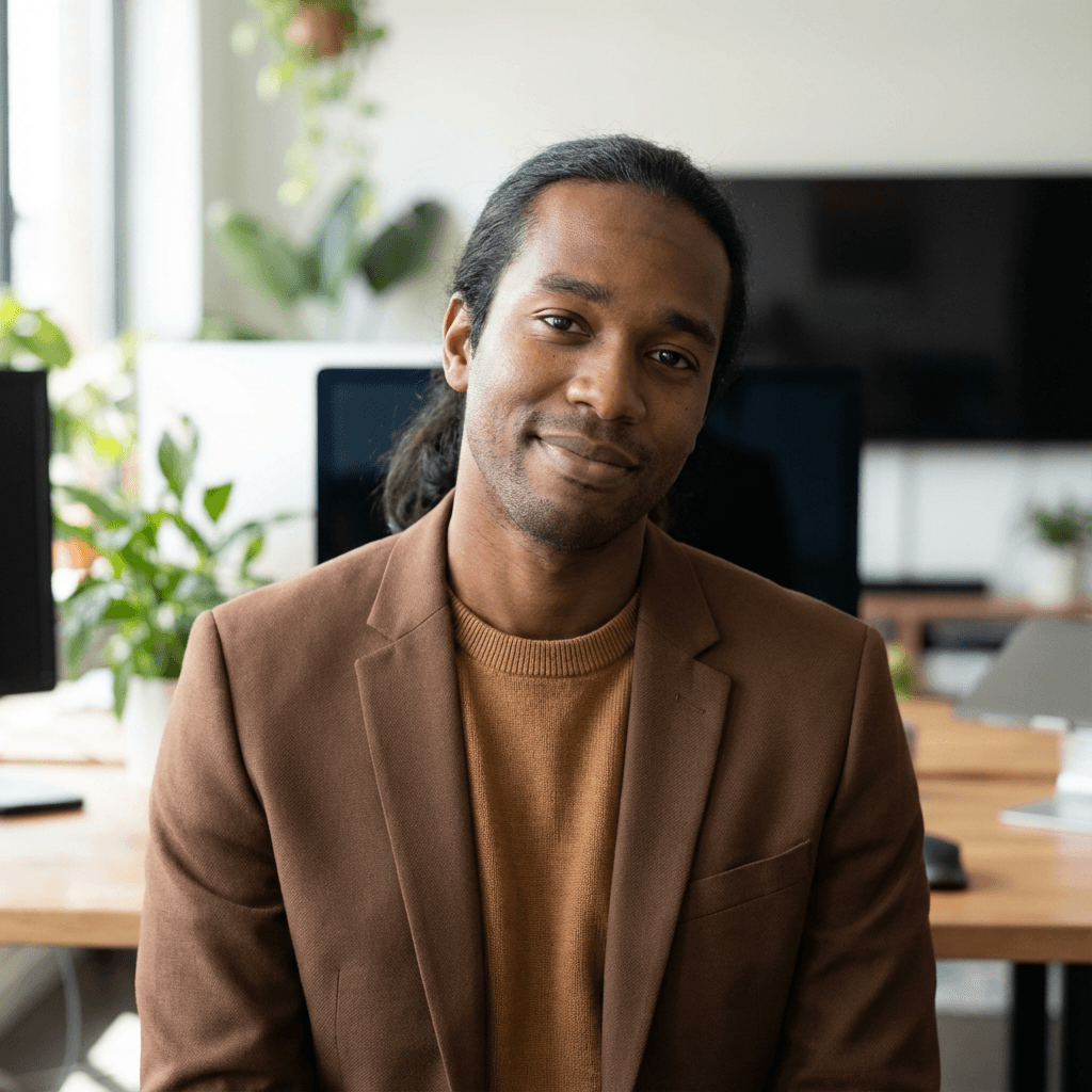 Marcus Reid in a smart polo shirt in a warehouse office