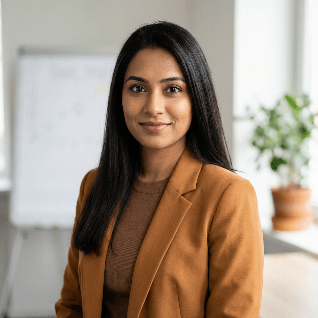 Priya Nair in a blazer in a modern office