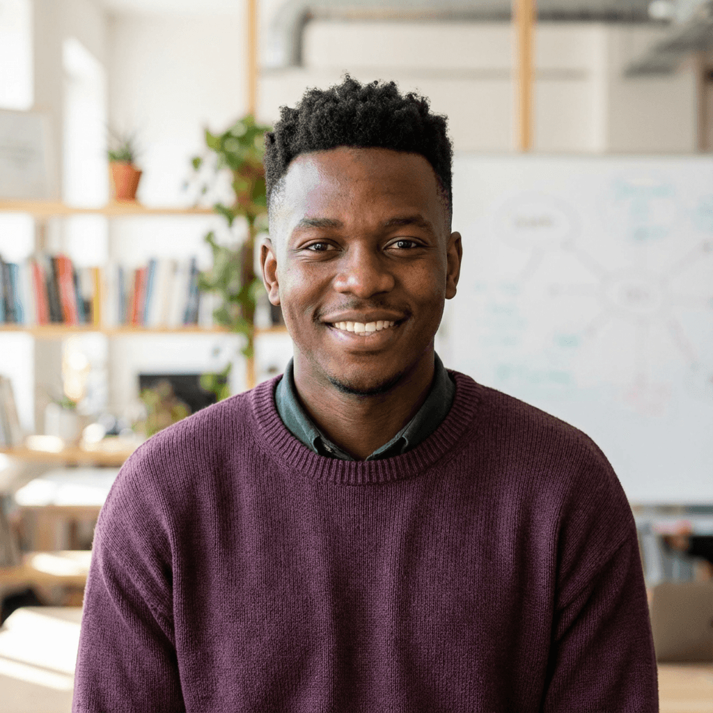 David Okonkwo at his office desk
