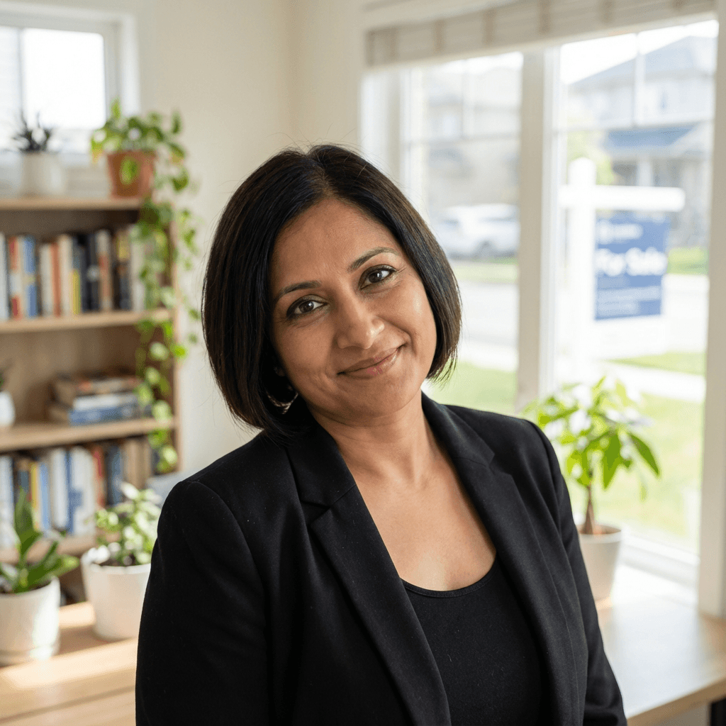 Priya Shah in a finished living room