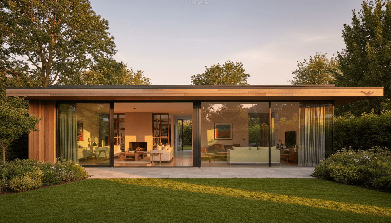 Modern home extension with glass doors in golden hour light