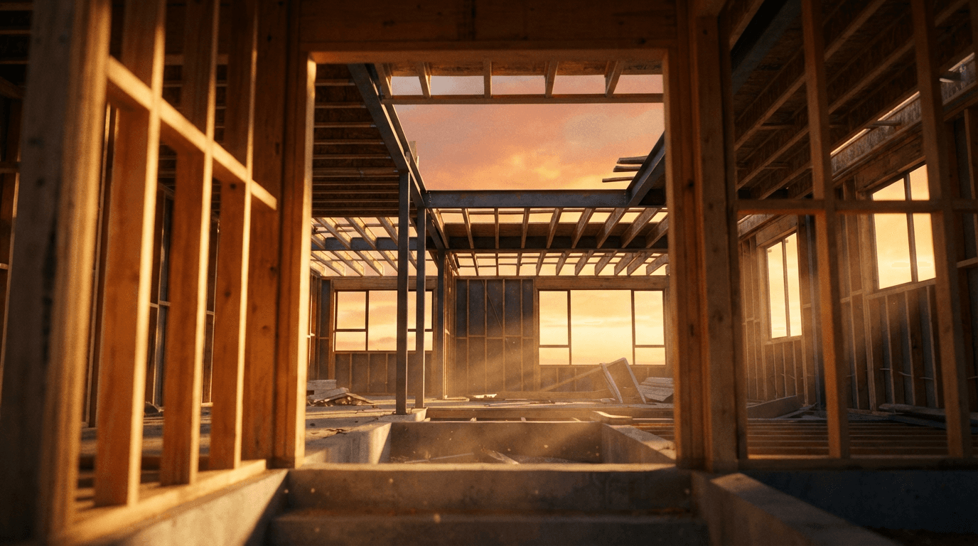Modern home extension under construction in warm evening light