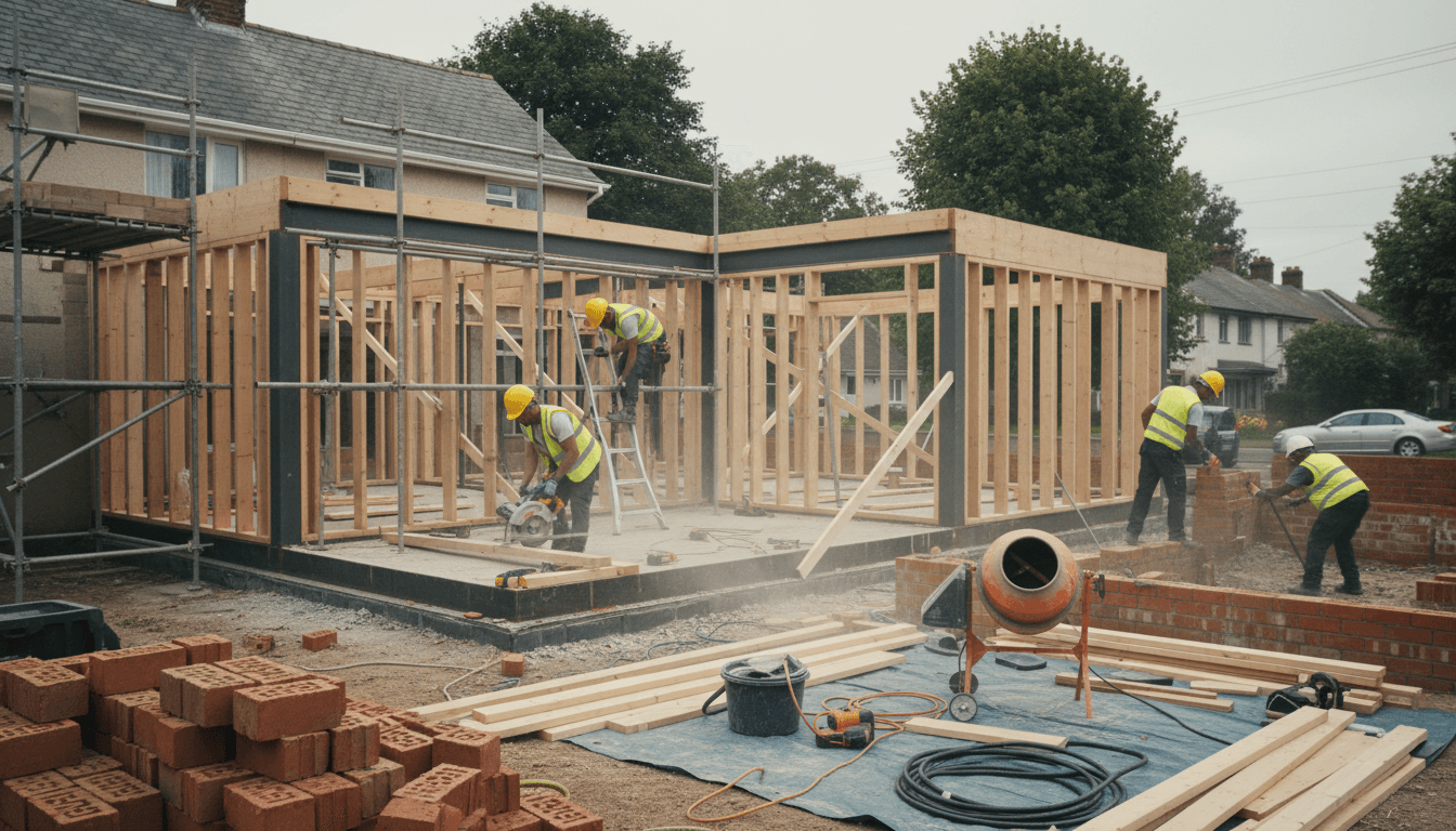 Builders reviewing blueprints during a renovation project