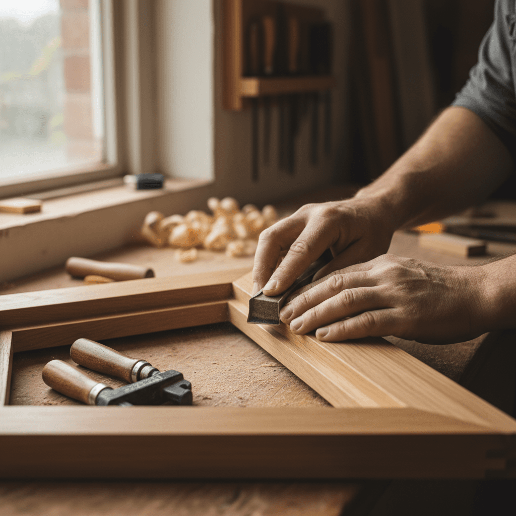 Carpenter fitting an oak window sill during an extension build