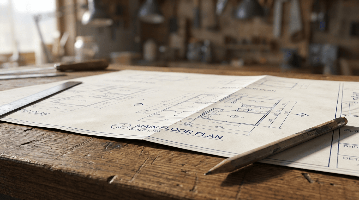 Blueprint and tablet on a workbench, combining construction and software planning