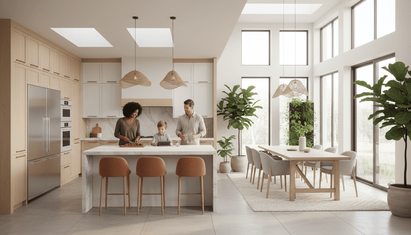 Modern open-plan kitchen and dining area in a completed extension