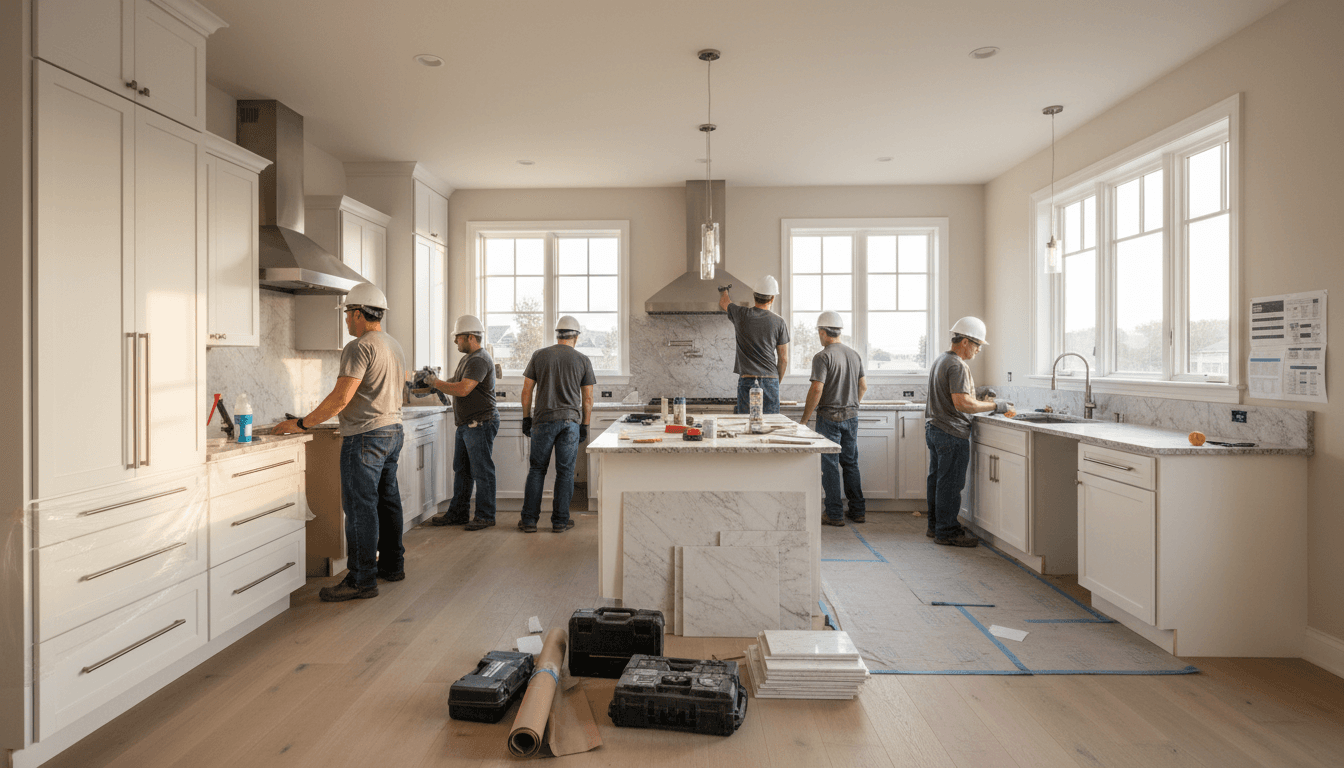 Builder reviewing plans in a newly renovated kitchen extension
